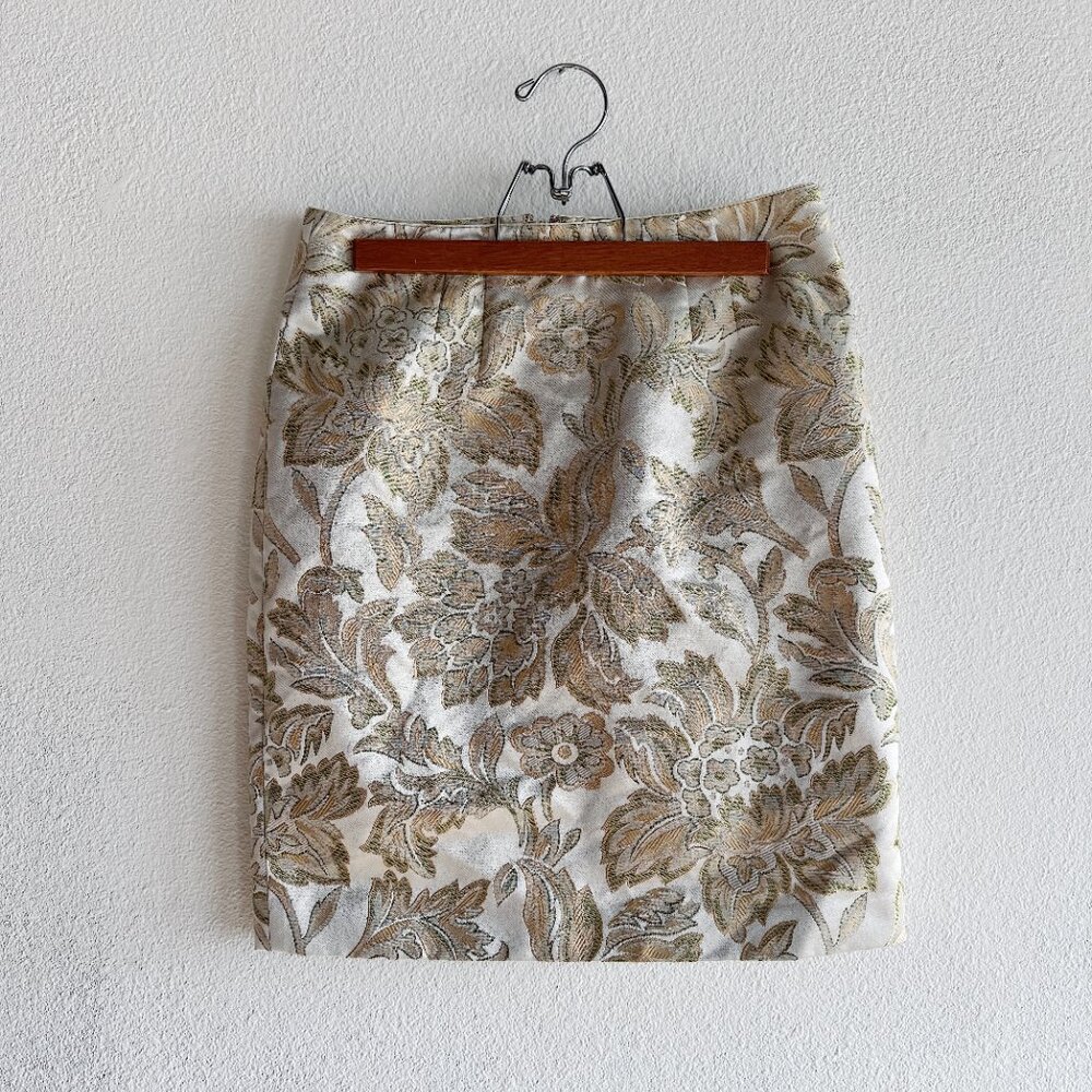 Brocade Mini Skirt With Floral Pattern Silky Green and Cream‎ Floral Skirt